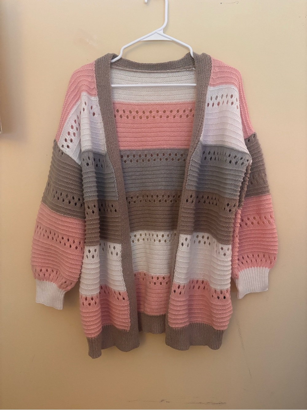 SHEIN Pink, White & Taupe Striped Open-Front Crochet Cardigan